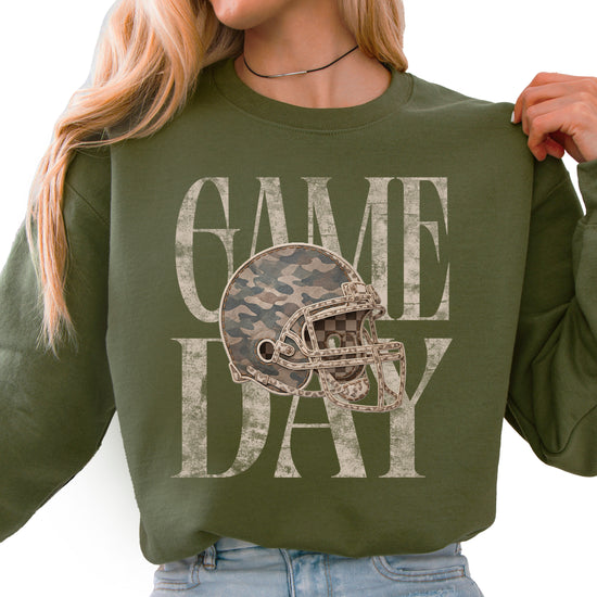Army Green Game Day camo football helmet crewneck sweatshirt, view 1