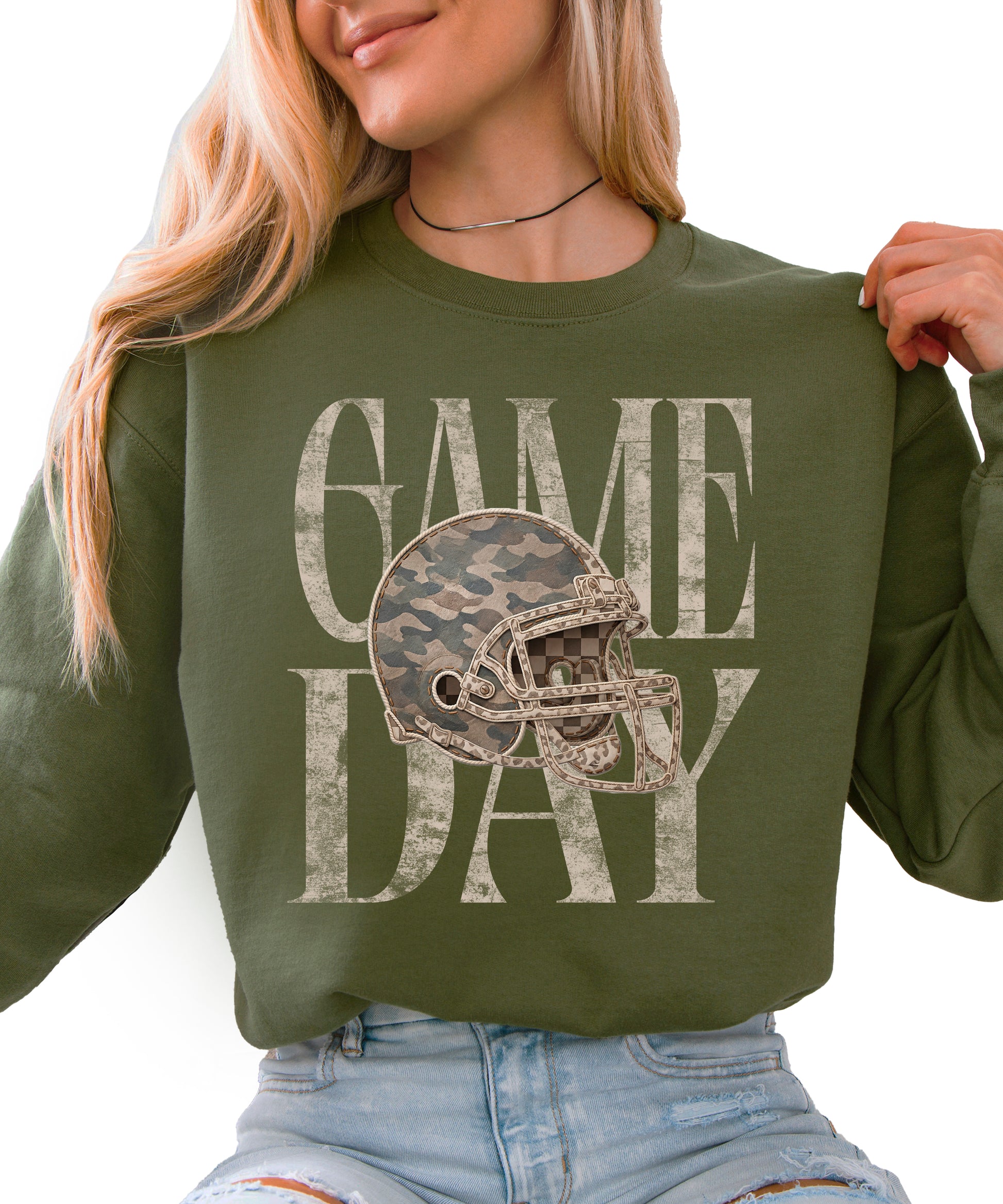 Army Green Game Day camo football helmet crewneck sweatshirt, view 1