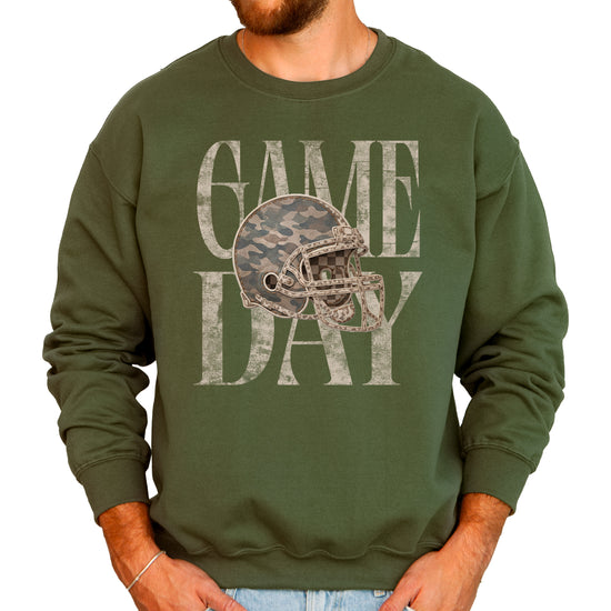 Army Green Game Day camo football helmet crewneck sweatshirt, view 2