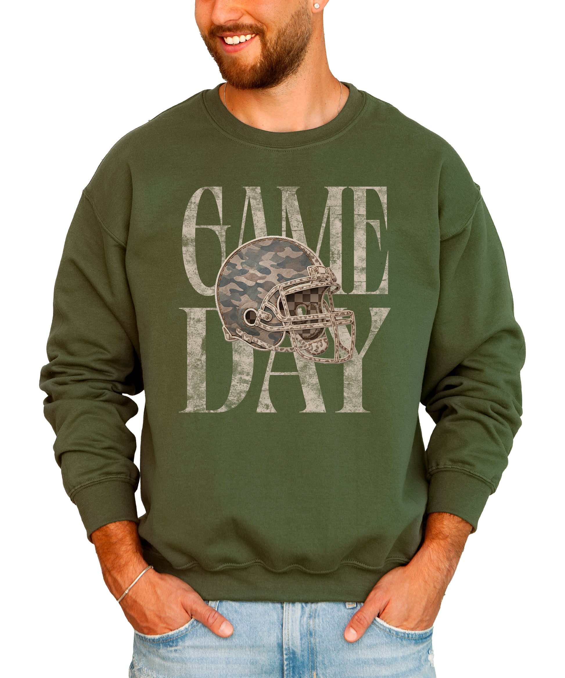 Army Green Game Day camo football helmet crewneck sweatshirt, view 2