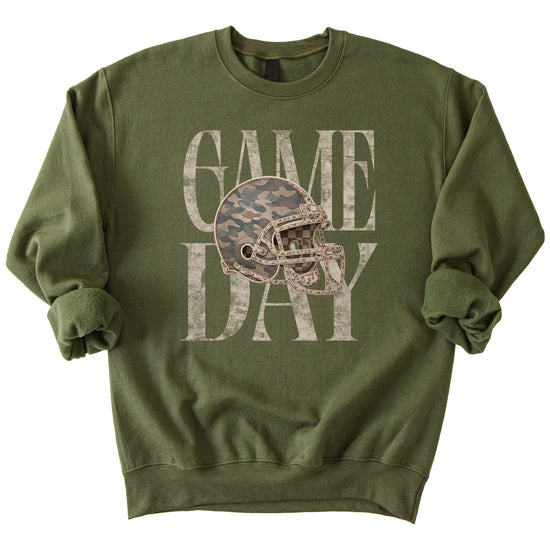 Army Green Game Day camo football helmet crewneck sweatshirt, view 3