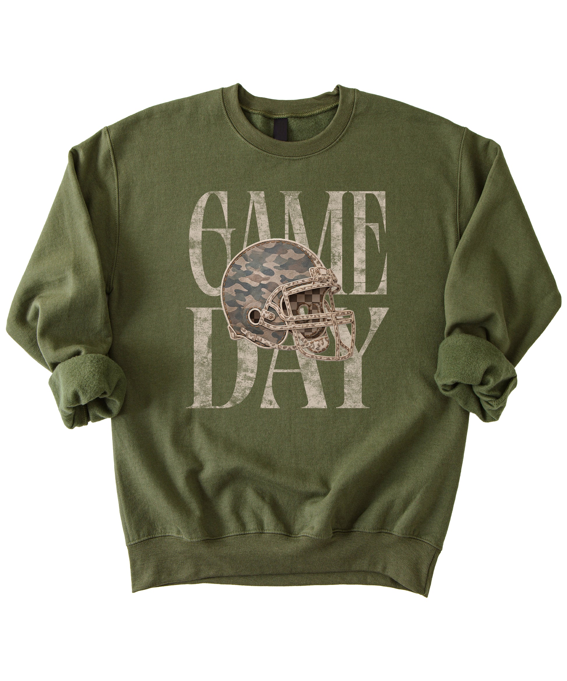 Army Green Game Day camo football helmet crewneck sweatshirt, view 3