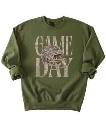 Army Green Game Day camo football helmet crewneck sweatshirt, view 3