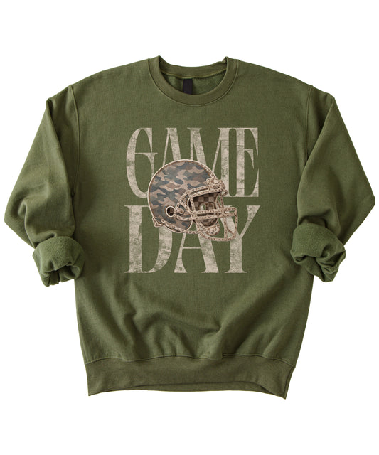 Army Green Game Day camo football helmet crewneck sweatshirt, view 3
