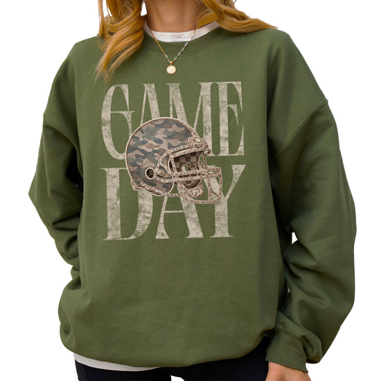 Army Green Game Day camo football helmet crewneck sweatshirt, view 4