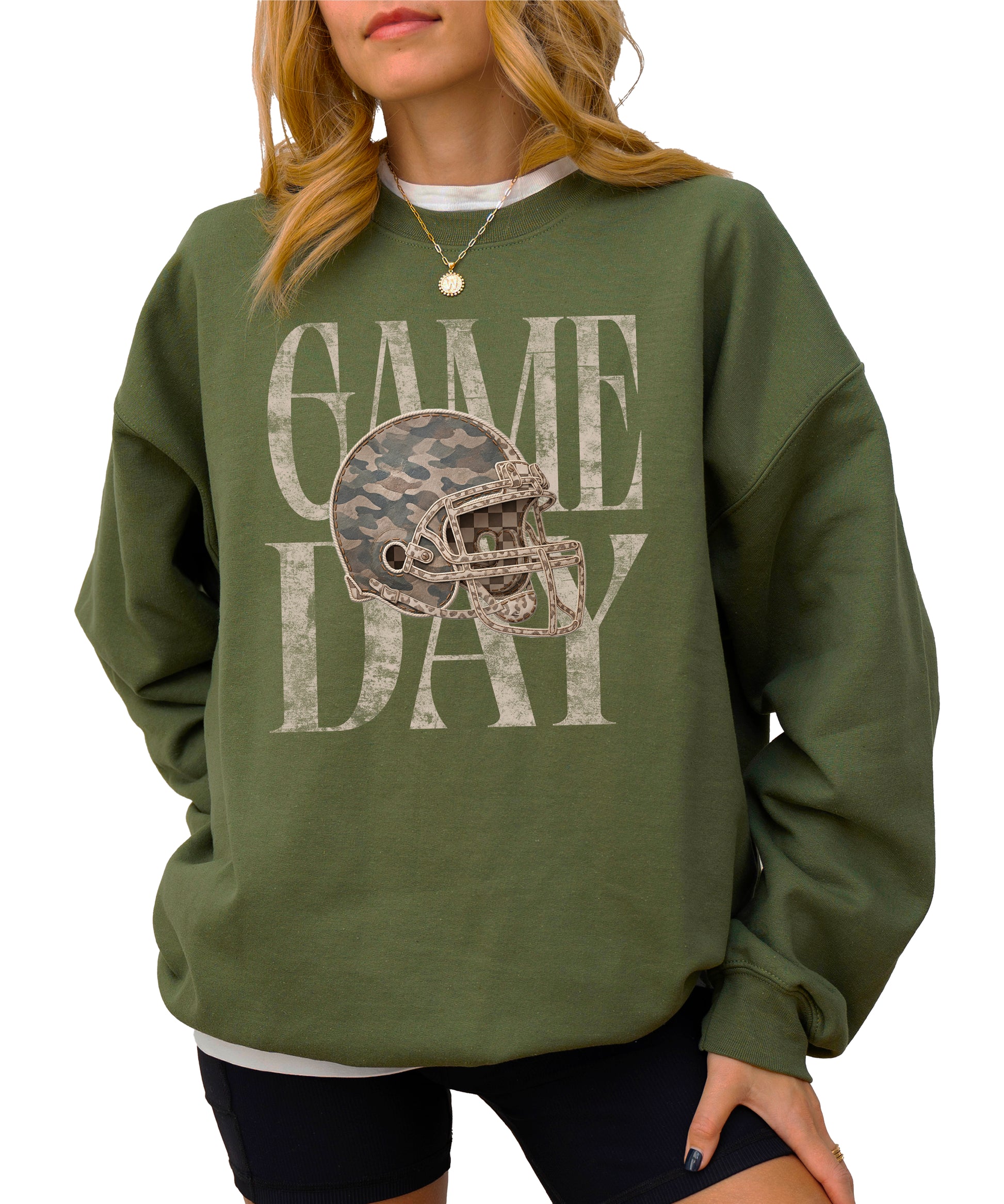 Army Green Game Day camo football helmet crewneck sweatshirt, view 4