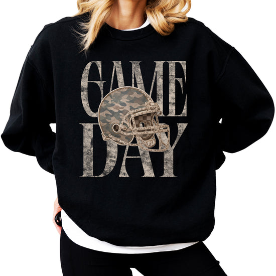 Black Game Day camo football helmet crewneck sweatshirt, view 1