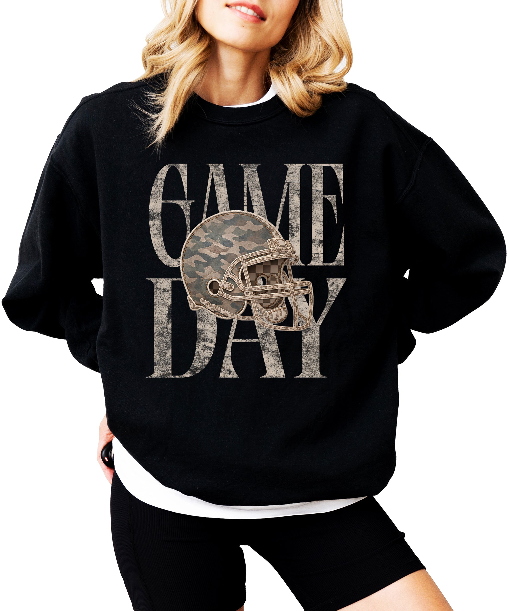 Black Game Day camo football helmet crewneck sweatshirt, view 1
