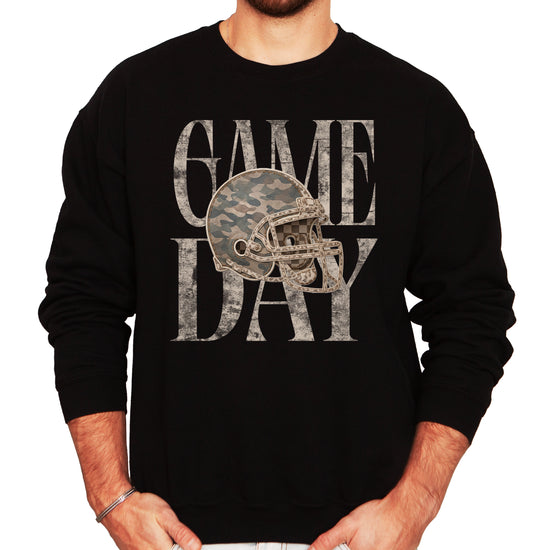 Black Game Day camo football helmet crewneck sweatshirt, view 2