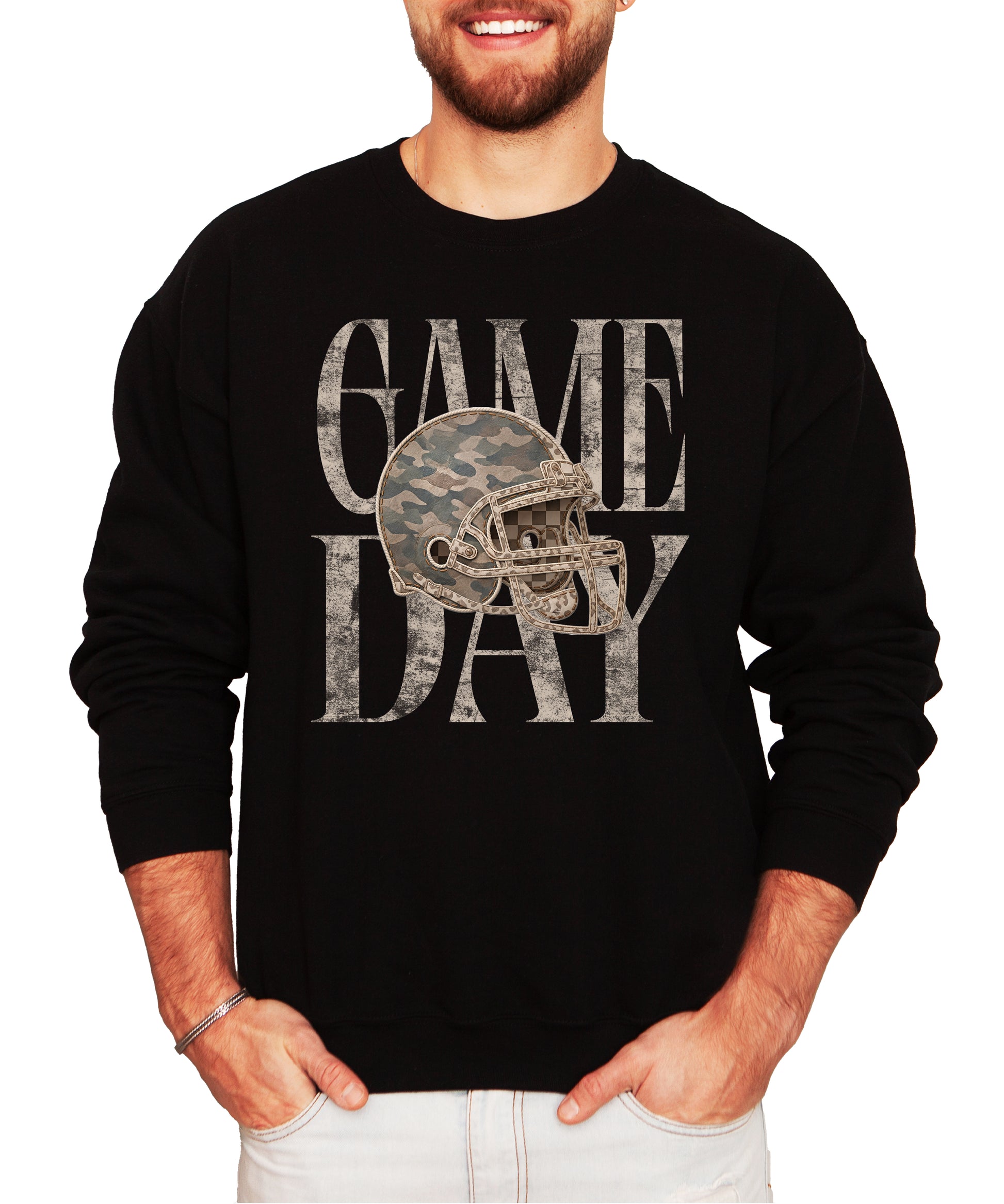Black Game Day camo football helmet crewneck sweatshirt, view 2