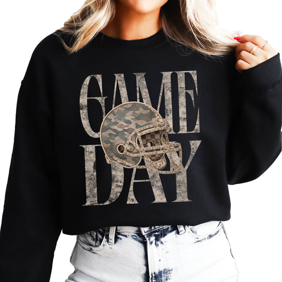 Black Game Day camo football helmet crewneck sweatshirt, view 4