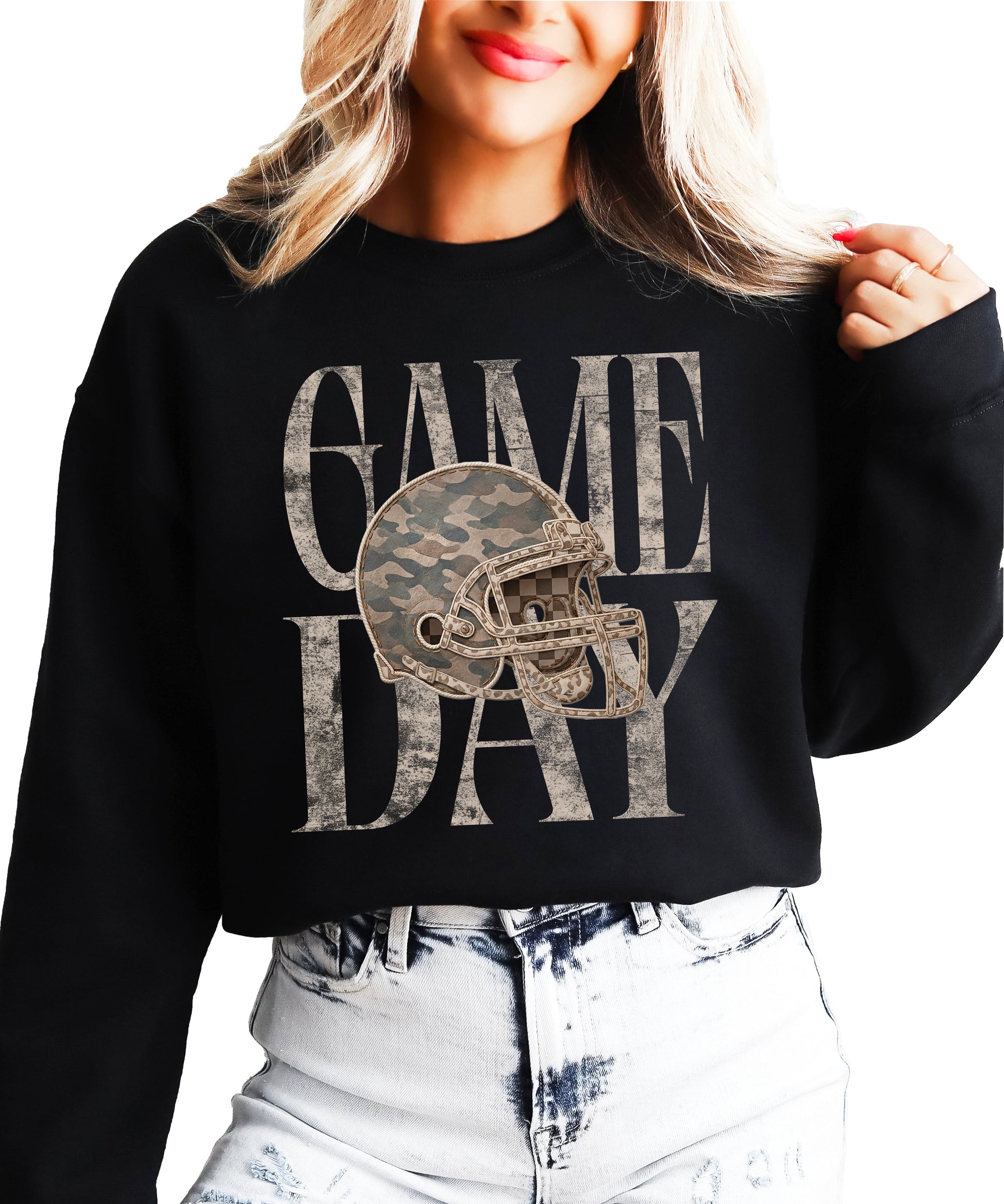 Black Game Day camo football helmet crewneck sweatshirt, view 4
