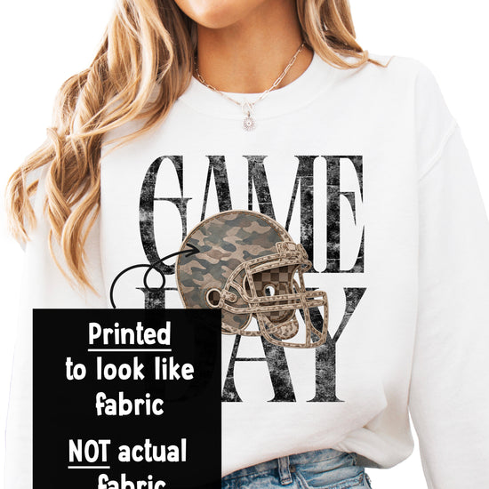 Game Day camo football helmet design detail, distressed vintage print