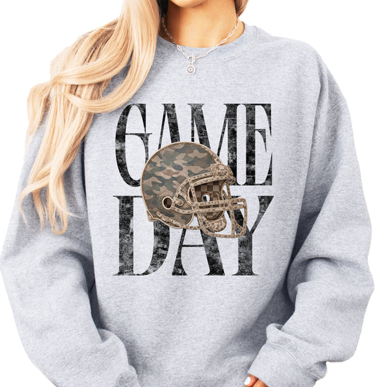 Gray Game Day camo football helmet crewneck sweatshirt, view 1