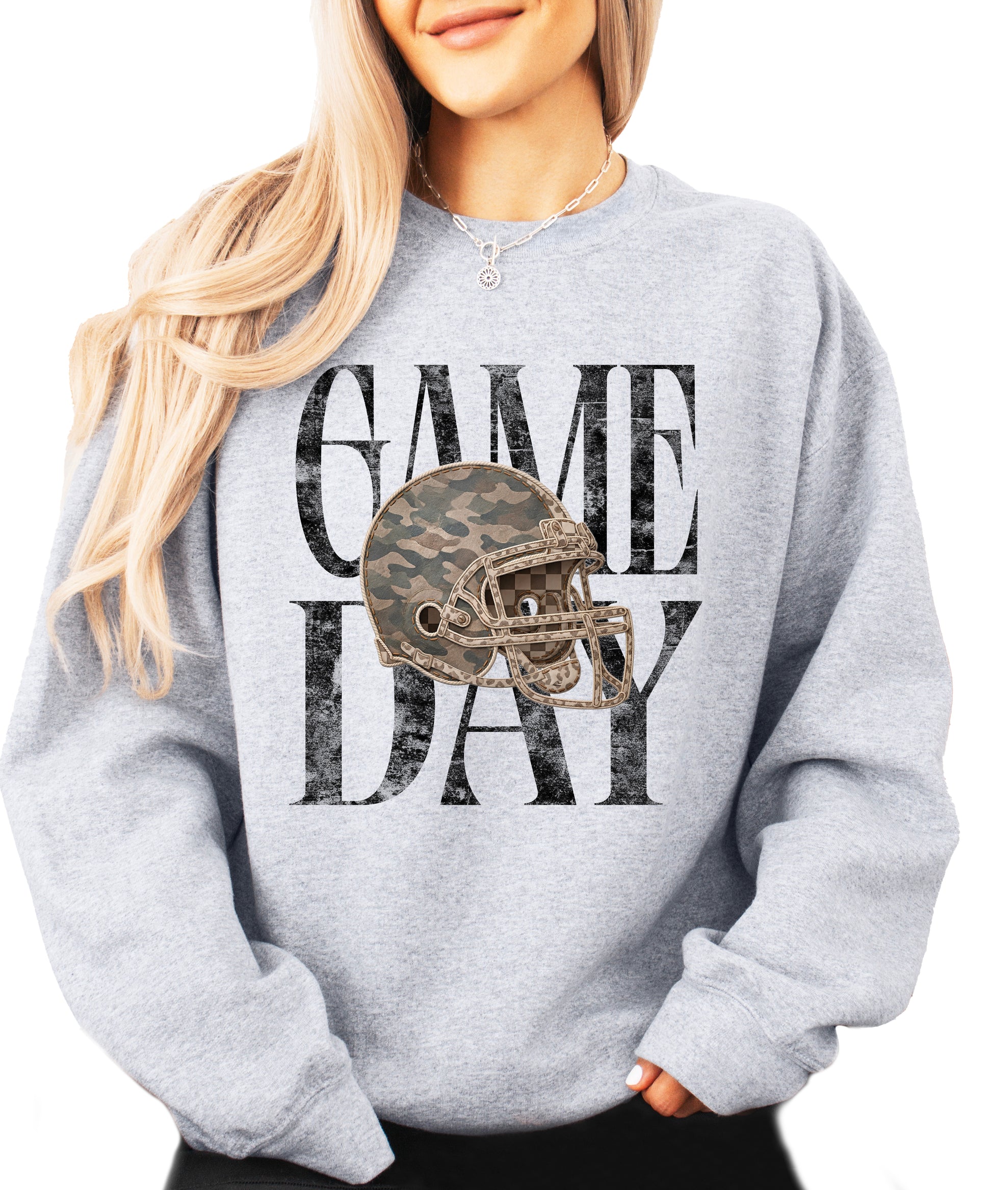 Gray Game Day camo football helmet crewneck sweatshirt, view 1