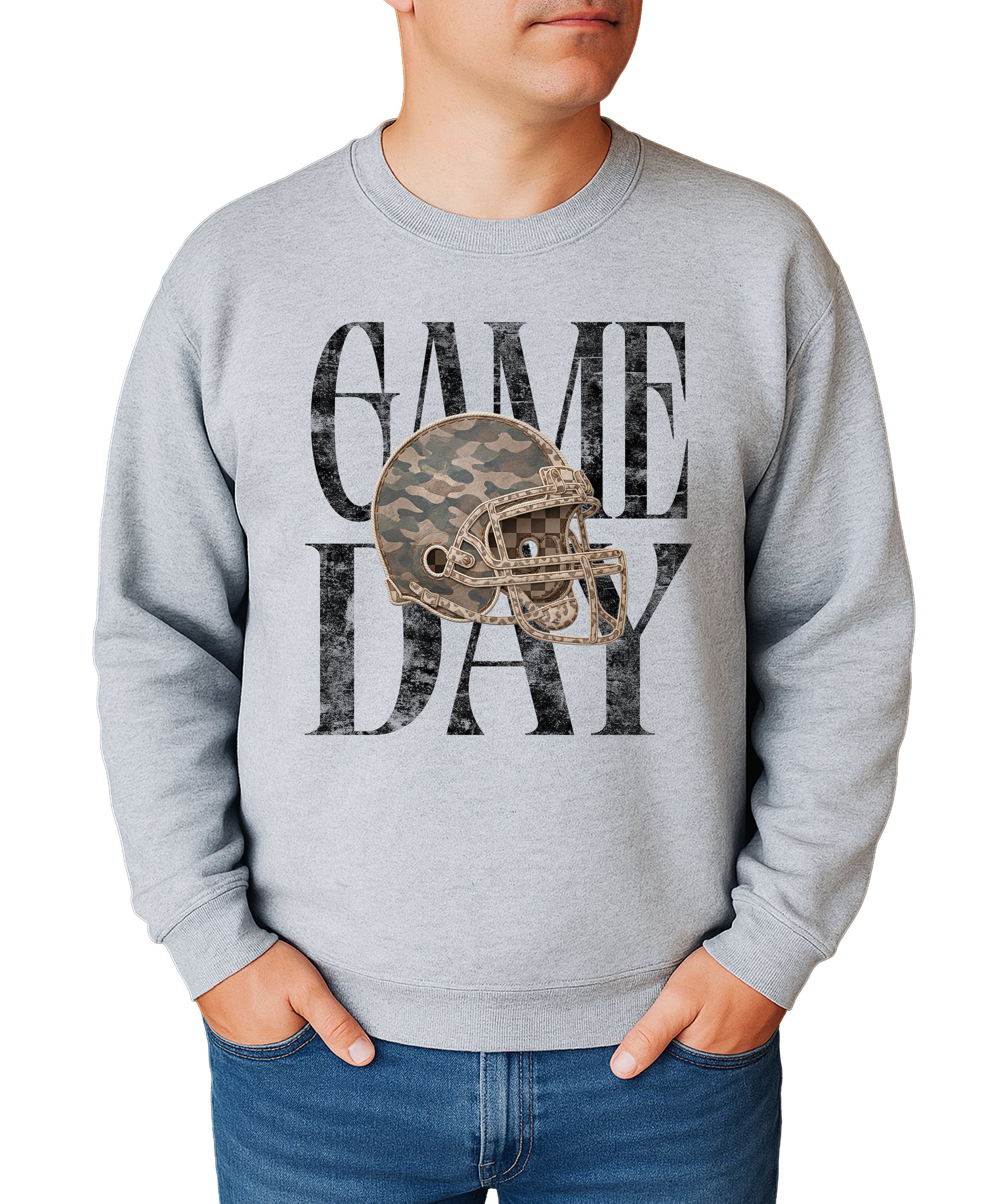 Gray Game Day camo football helmet crewneck sweatshirt, view 2