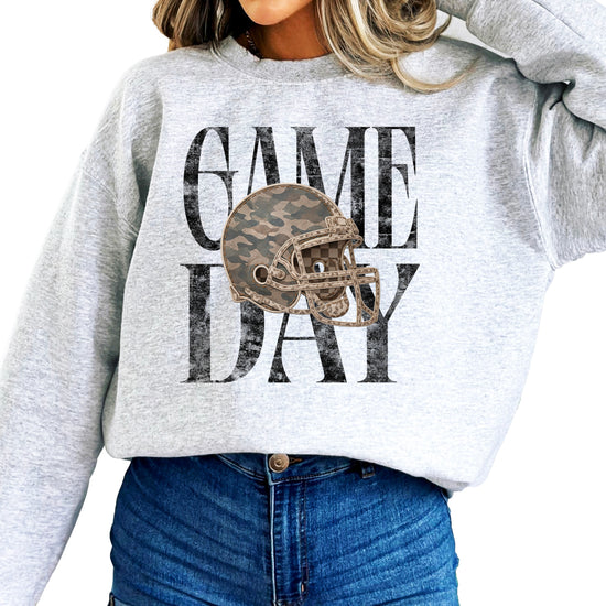 Gray Game Day camo football helmet crewneck sweatshirt, view 4