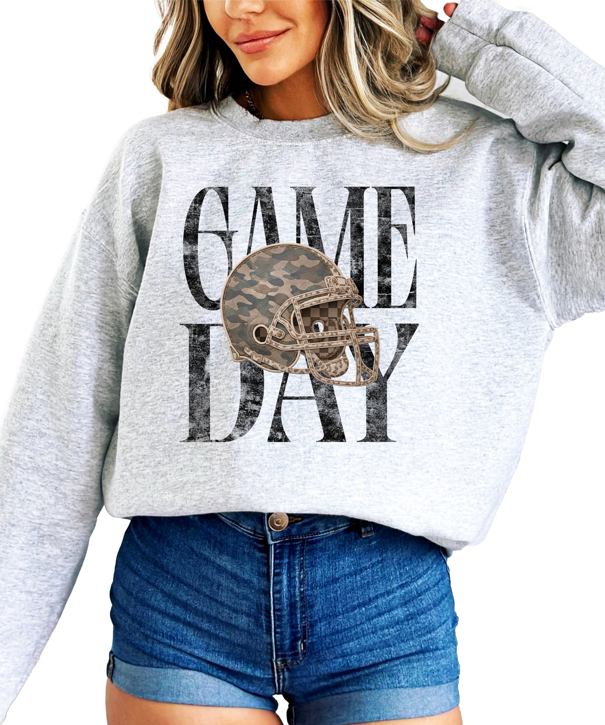 Gray Game Day camo football helmet crewneck sweatshirt, view 4
