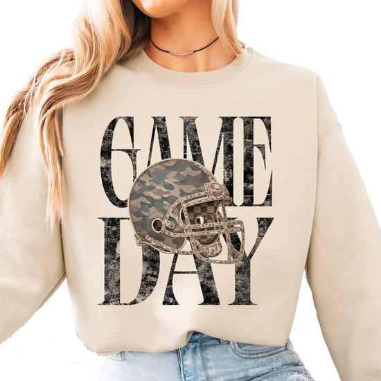 Sand Game Day camo football helmet crewneck sweatshirt, view 1