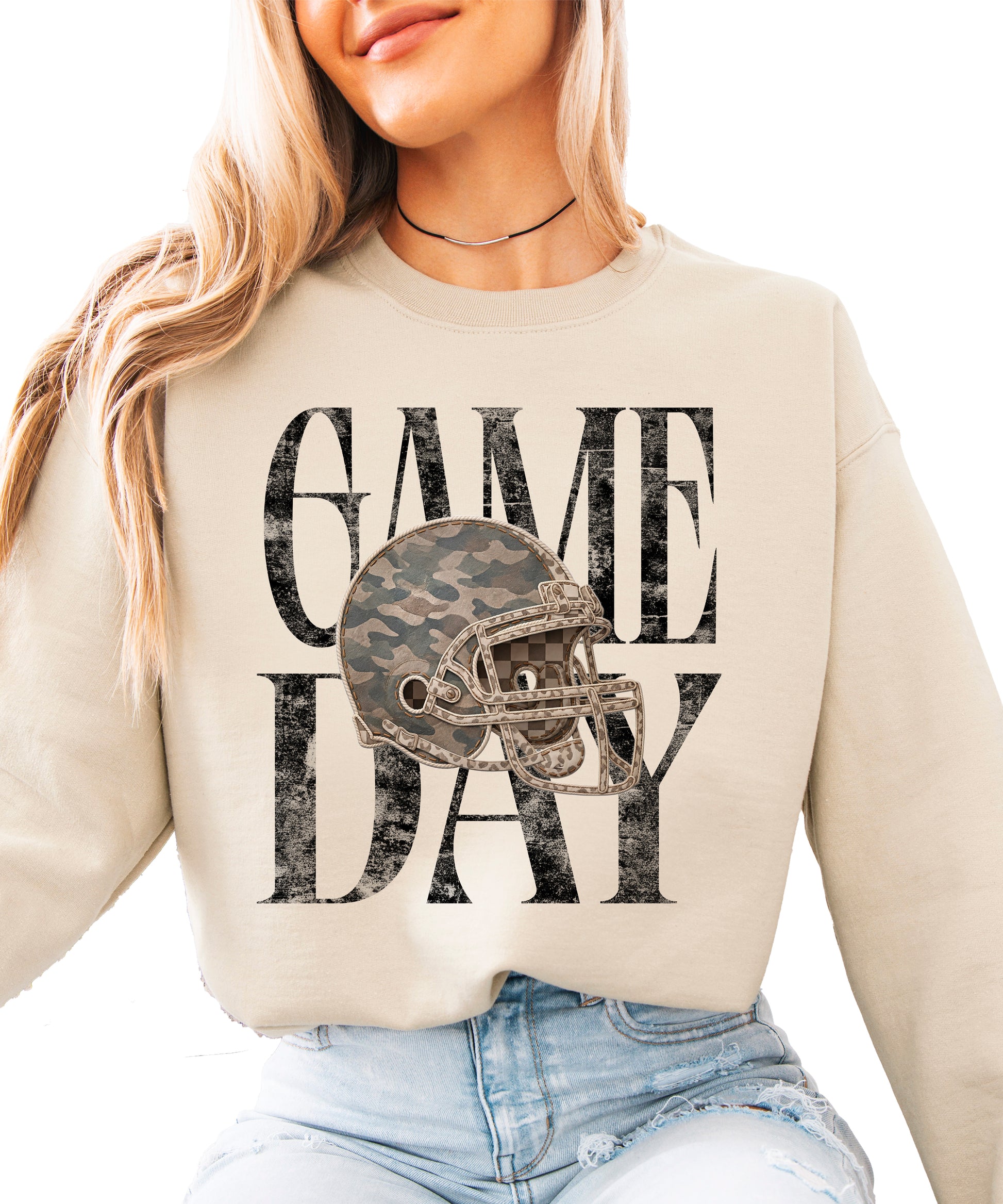 Sand Game Day camo football helmet crewneck sweatshirt, view 1