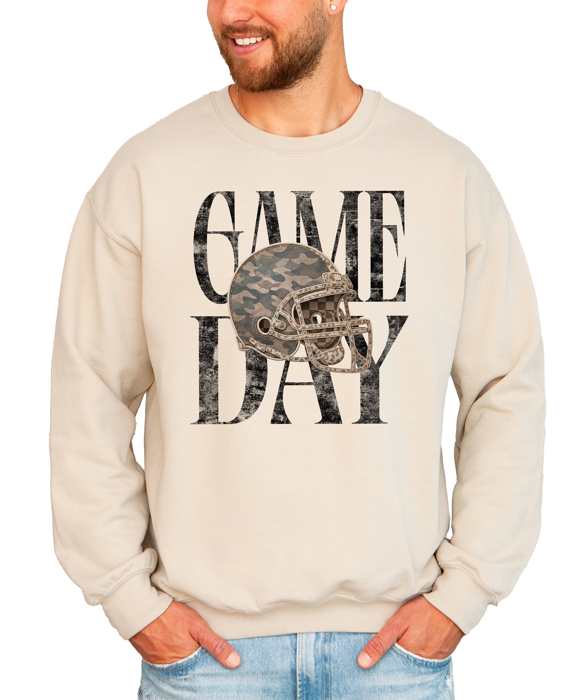 Sand Game Day camo football helmet crewneck sweatshirt, view 2