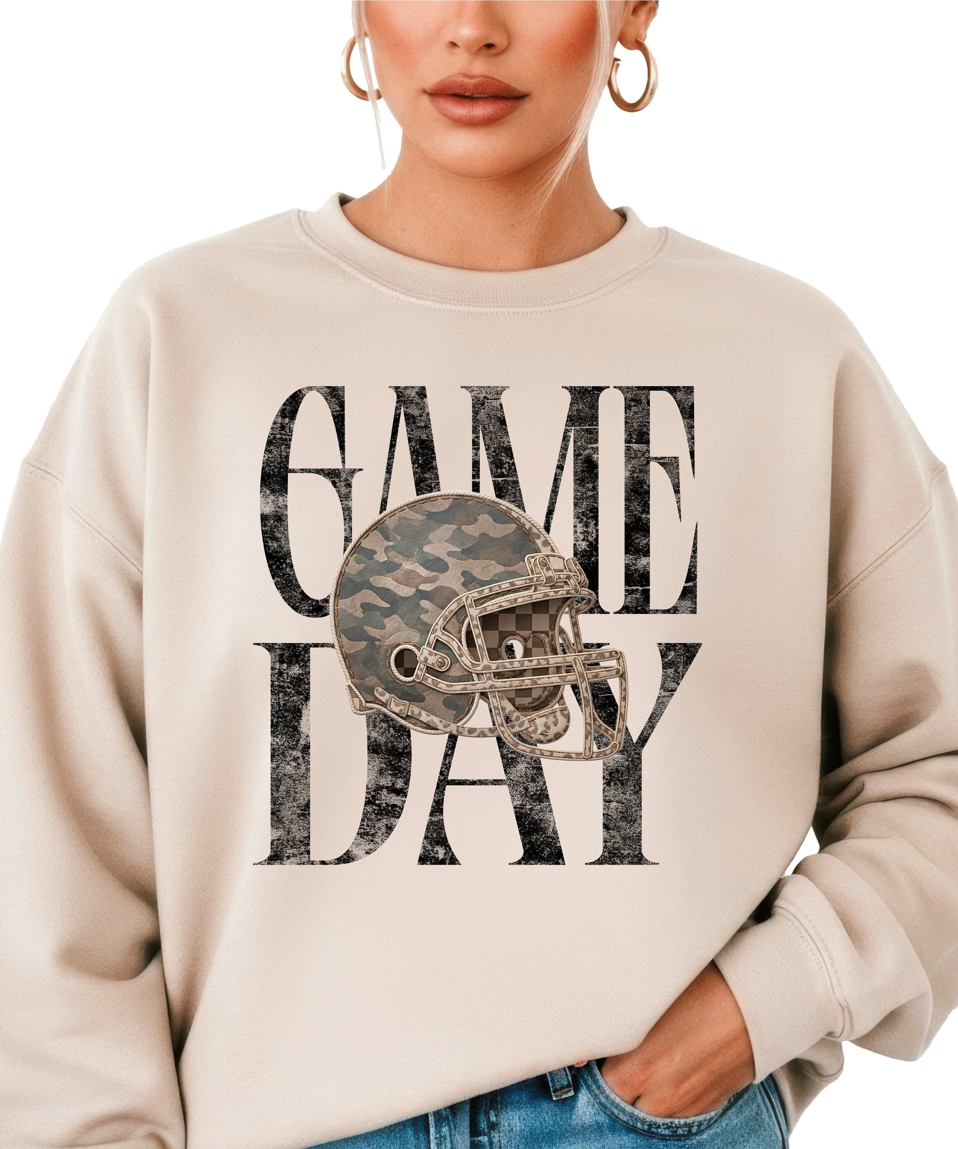 Sand Game Day camo football helmet crewneck sweatshirt, view 4
