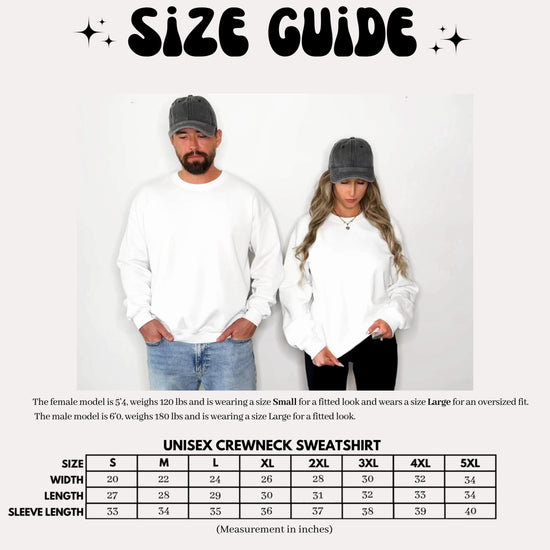 Unisex adult crewneck sweatshirt size chart, sizes Small through X-Large