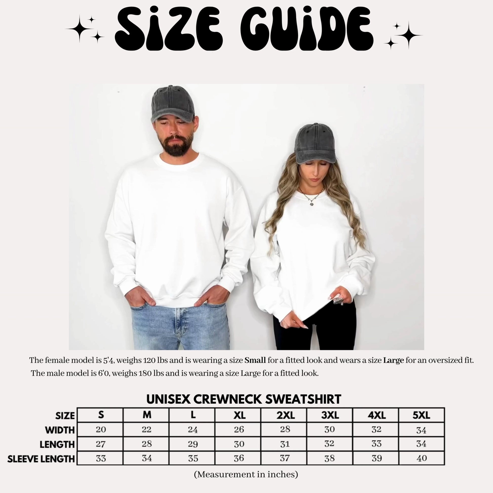 Unisex adult crewneck sweatshirt size chart, sizes Small through X-Large