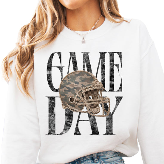 White Game Day camo football helmet crewneck sweatshirt, view 1