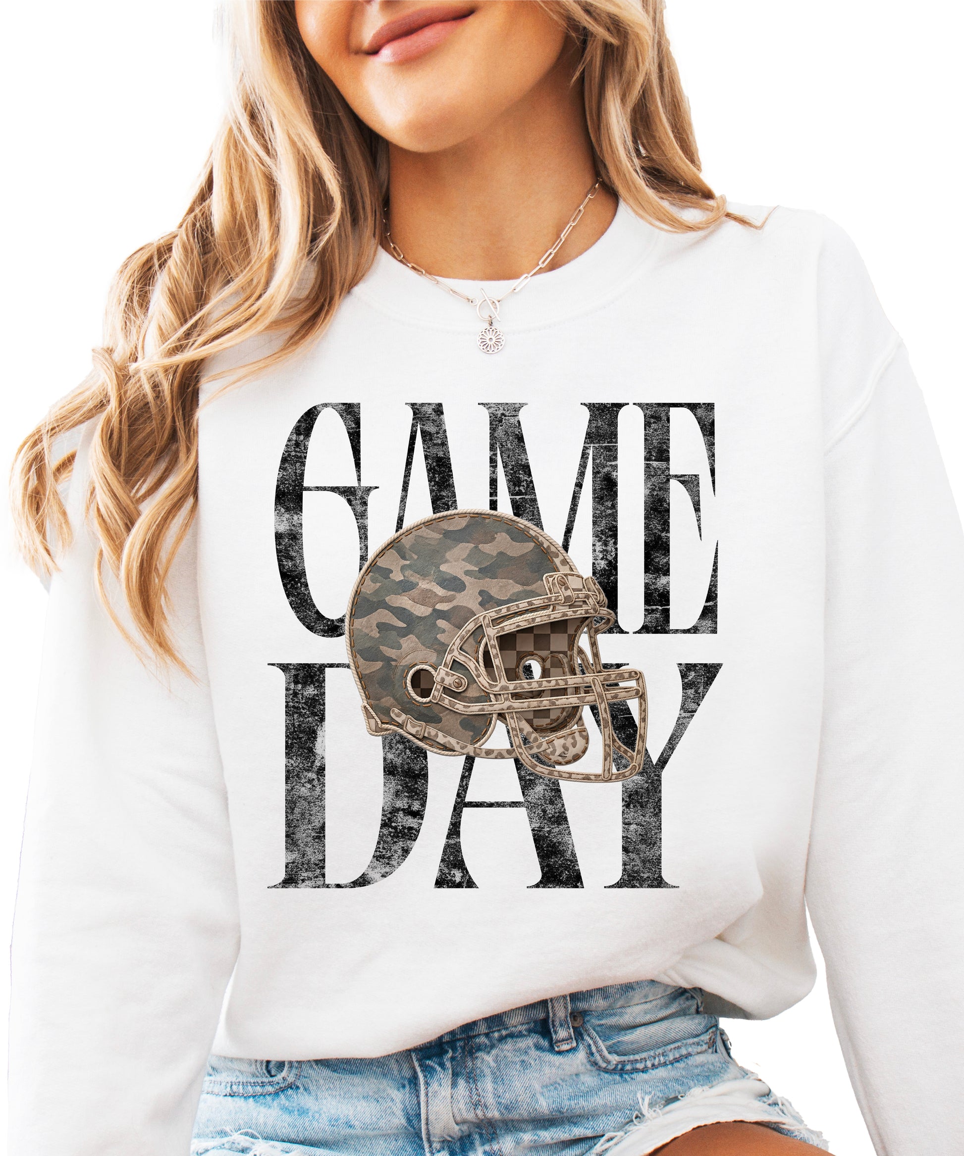 White Game Day camo football helmet crewneck sweatshirt, view 1