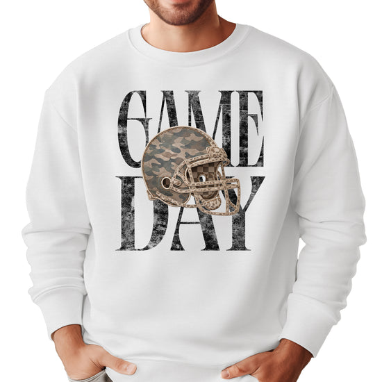 White Game Day camo football helmet crewneck sweatshirt, view 2