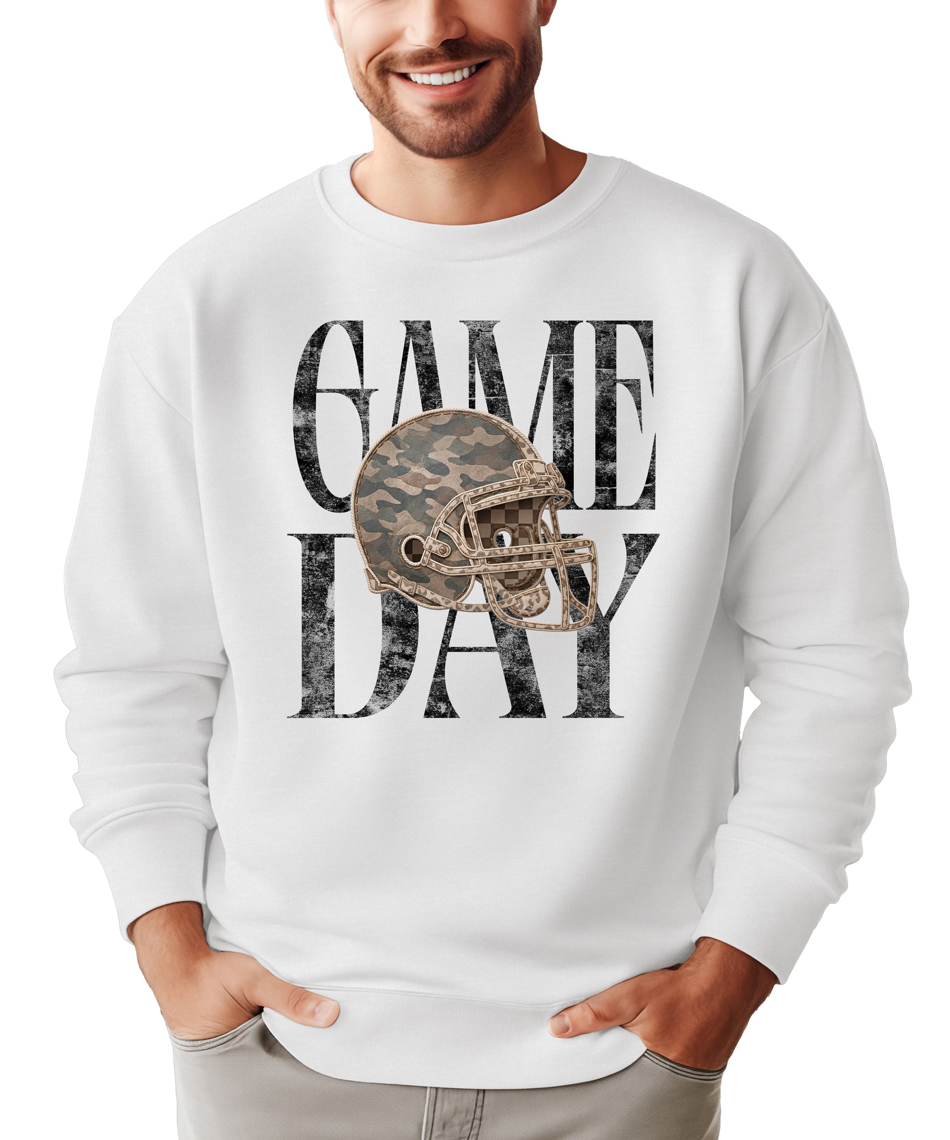 White Game Day camo football helmet crewneck sweatshirt, view 2