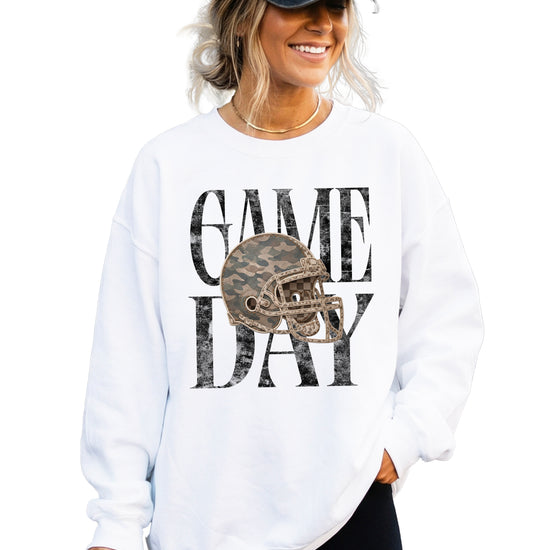White Game Day camo football helmet crewneck sweatshirt, view 4