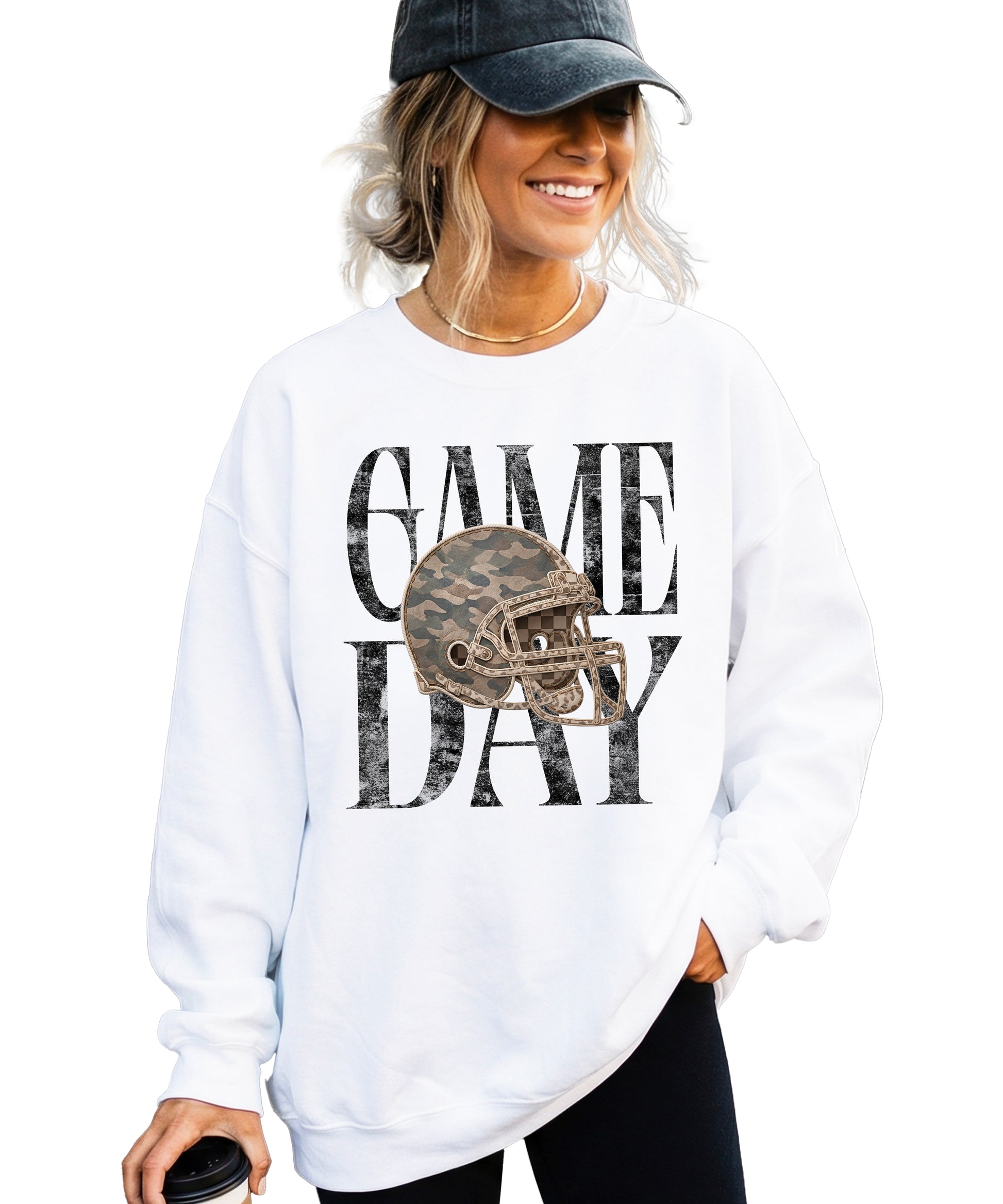 White Game Day camo football helmet crewneck sweatshirt, view 4