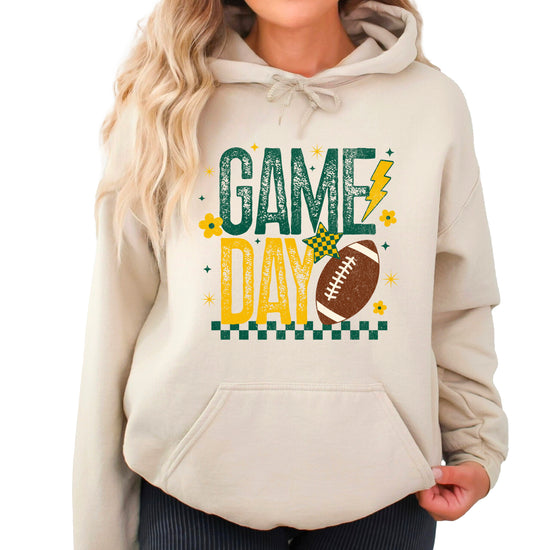 Sand Game Day football hoodie for women with green and yellow retro checkered graphic, front view