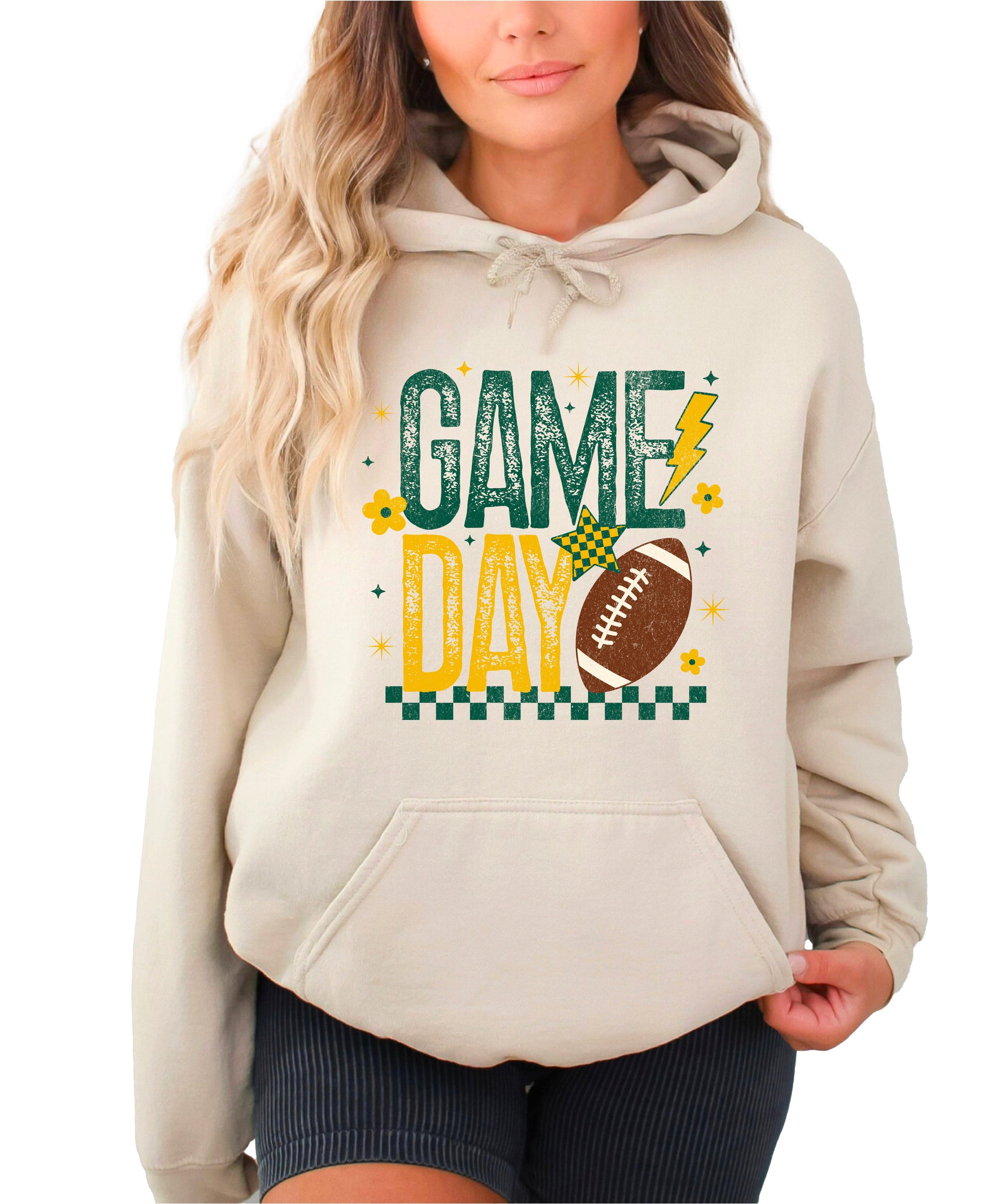 Sand Game Day football hoodie for women with green and yellow retro checkered graphic, front view