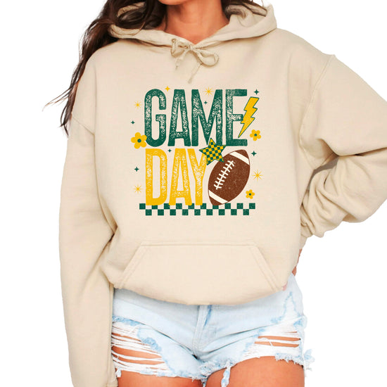 Sand Game Day football hoodie for women and teen girls, retro green and yellow lightning bolt graphic, view 2