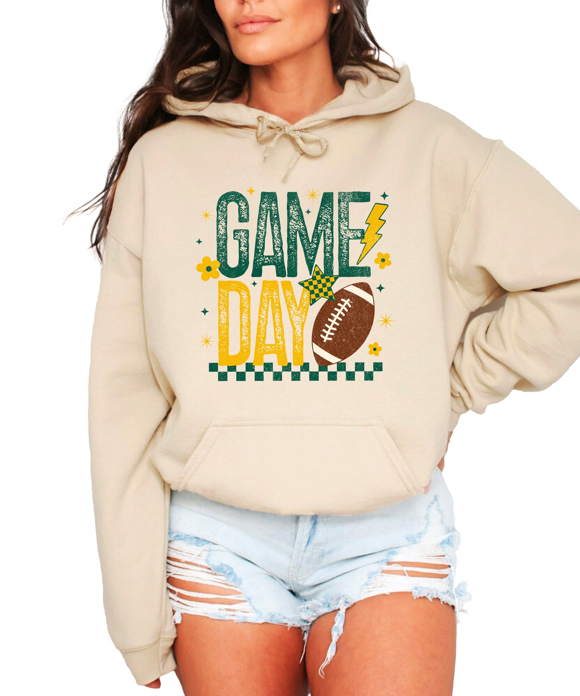 Sand Game Day football hoodie for women and teen girls, retro green and yellow lightning bolt graphic, view 2