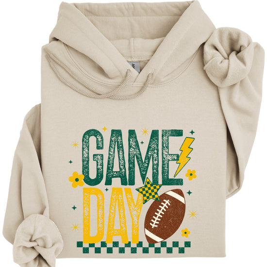 Sand game day hoodie with distressed checkered football graphic, view 3