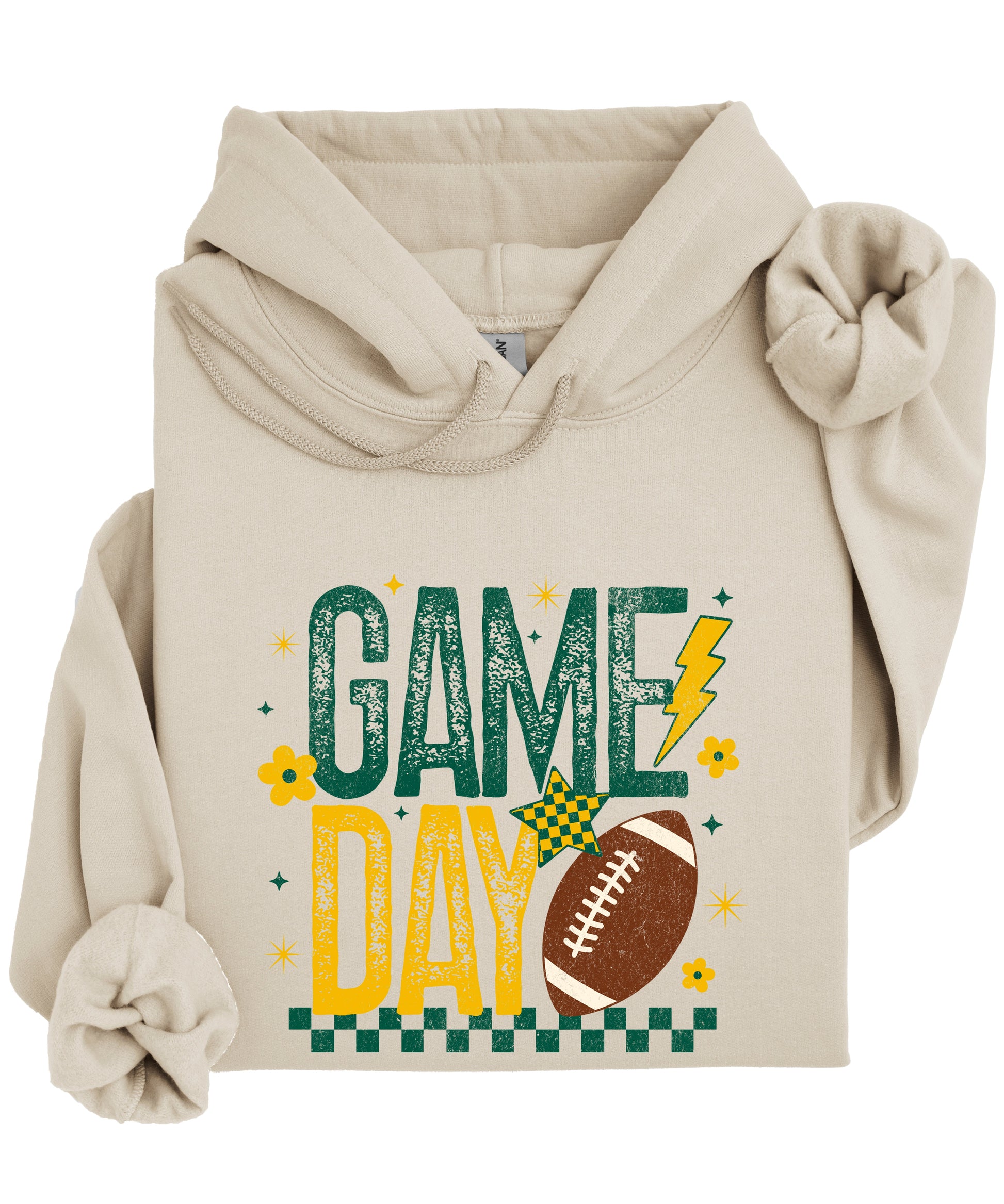 Sand game day hoodie with distressed checkered football graphic, view 3