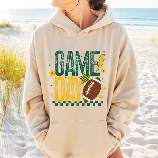 Sand football hoodie for women, green and yellow retro game day design, view 4