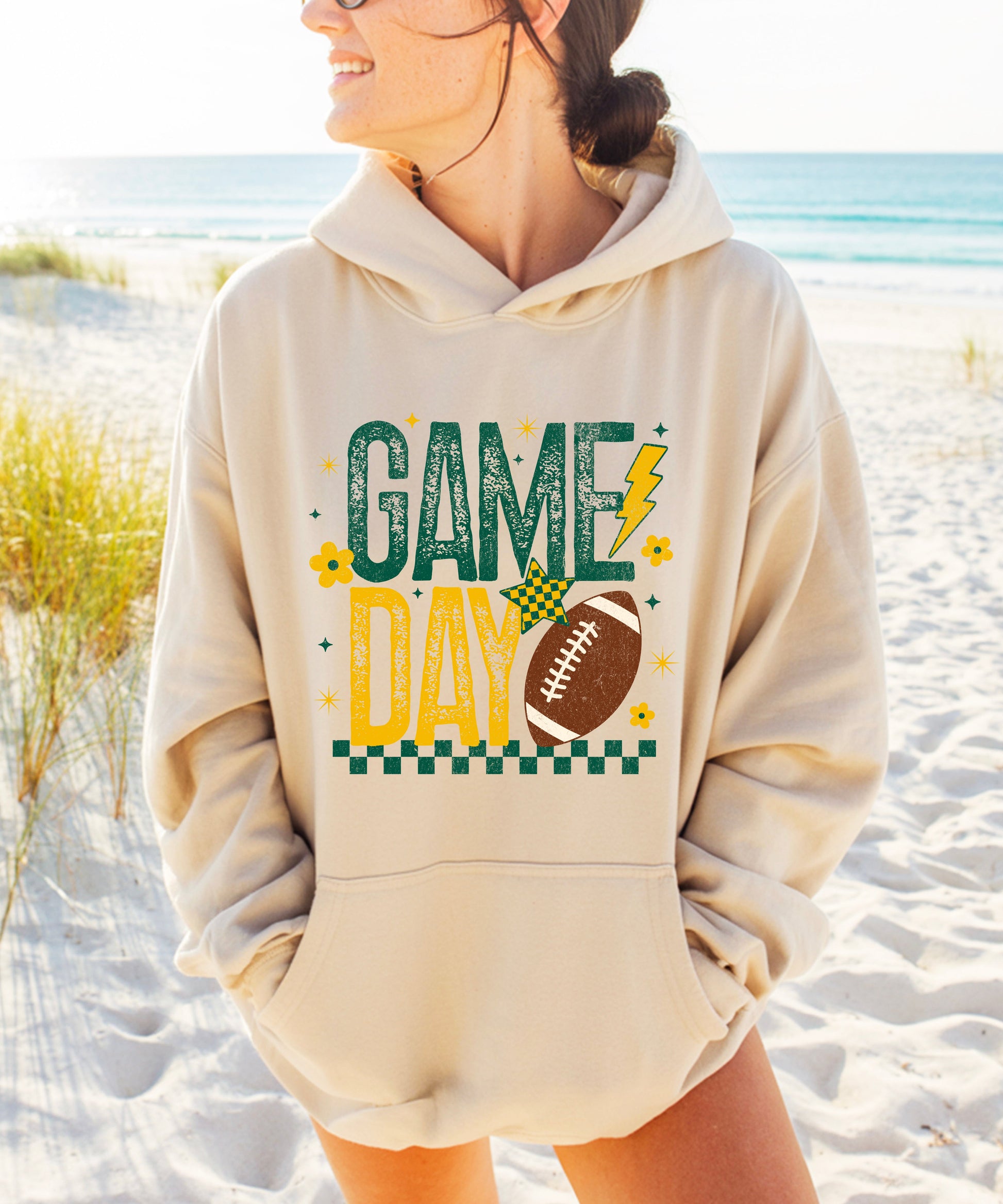Sand football hoodie for women, green and yellow retro game day design, view 4