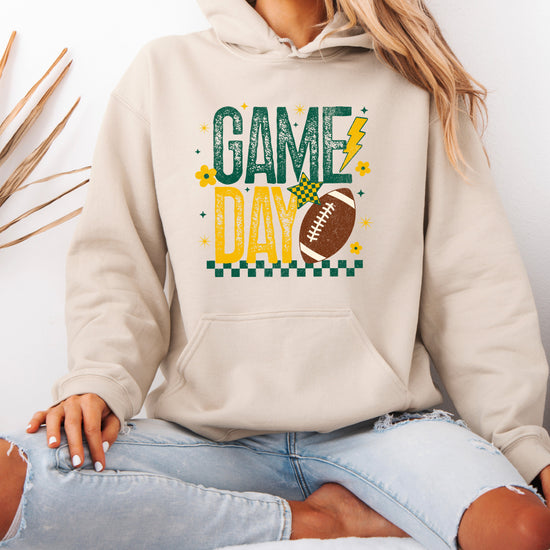 Sand tailgate hoodie with checkered star and daisy football graphic, view 5