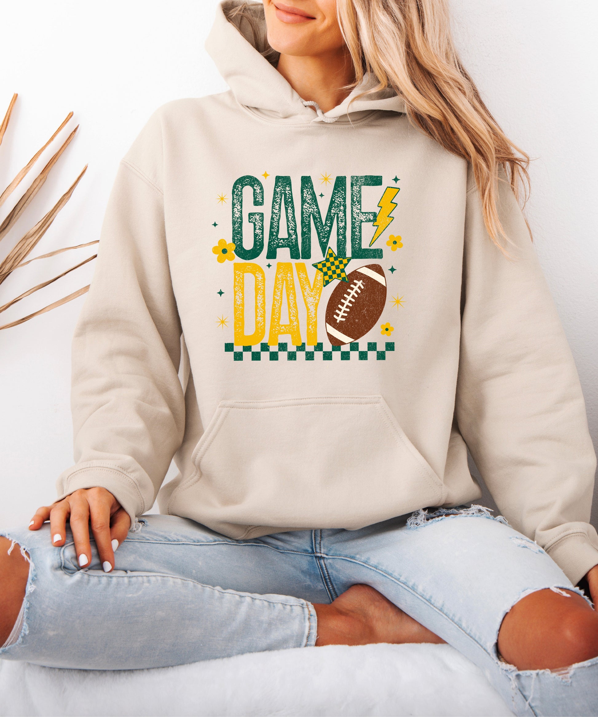 Sand tailgate hoodie with checkered star and daisy football graphic, view 5