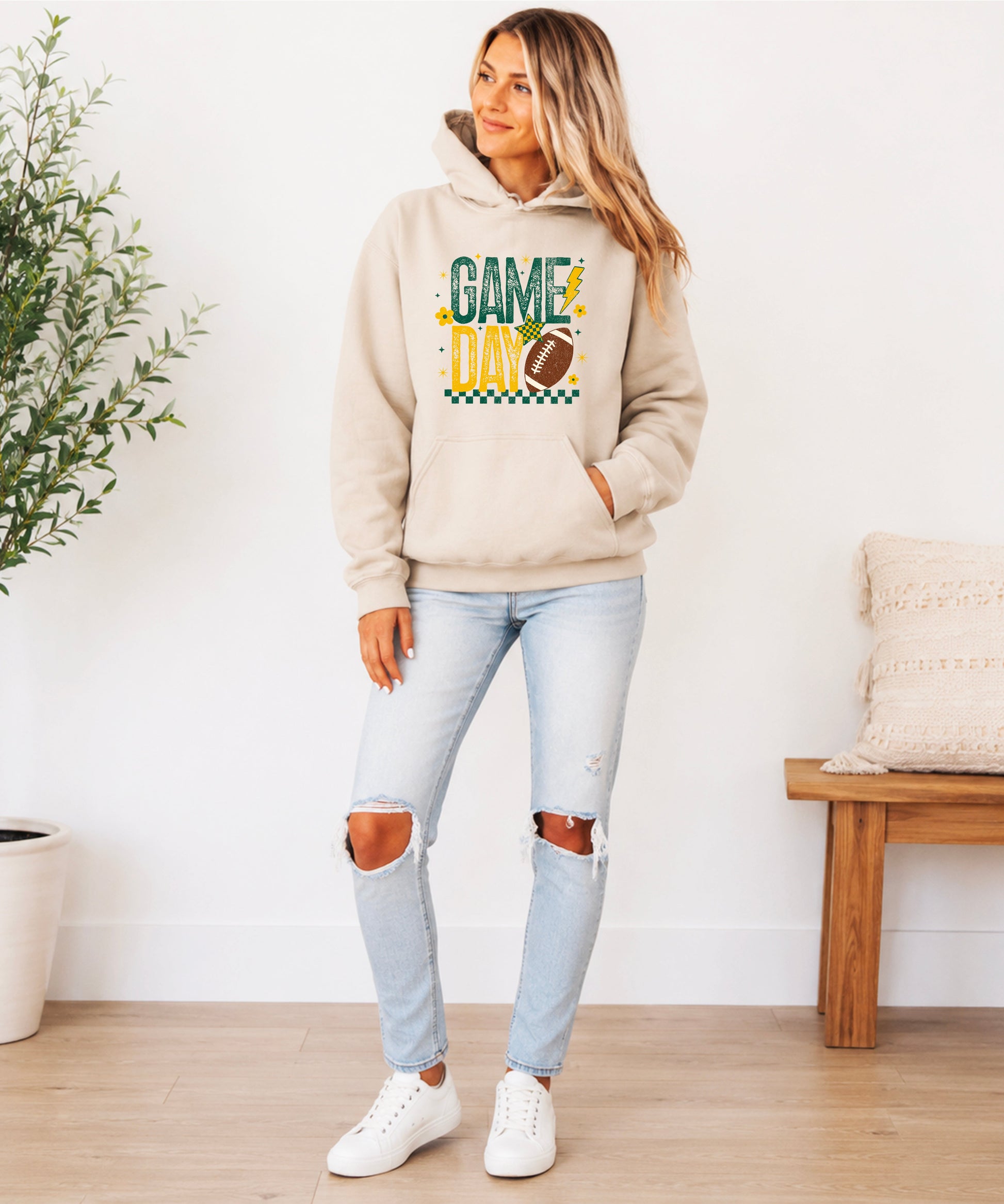 Sand fleece game day hoodie with drawstring hood and kangaroo pocket, view 6