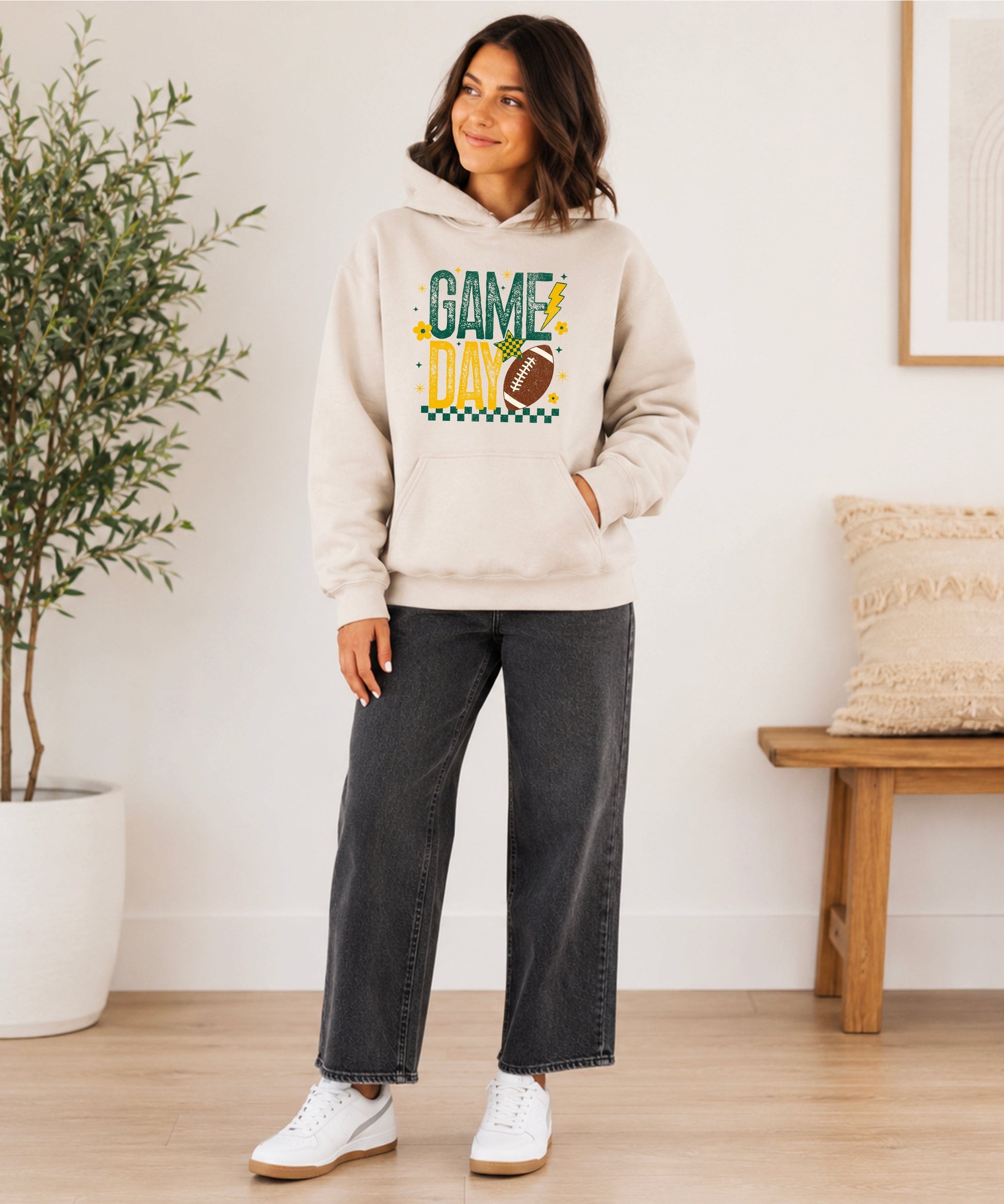 Sand Game Day football hoodie styled for the stands, view 7
