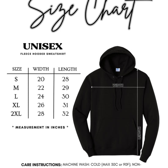 Adult hoodie size guide chart with chest and body length measurements for sizes Small through X-Large