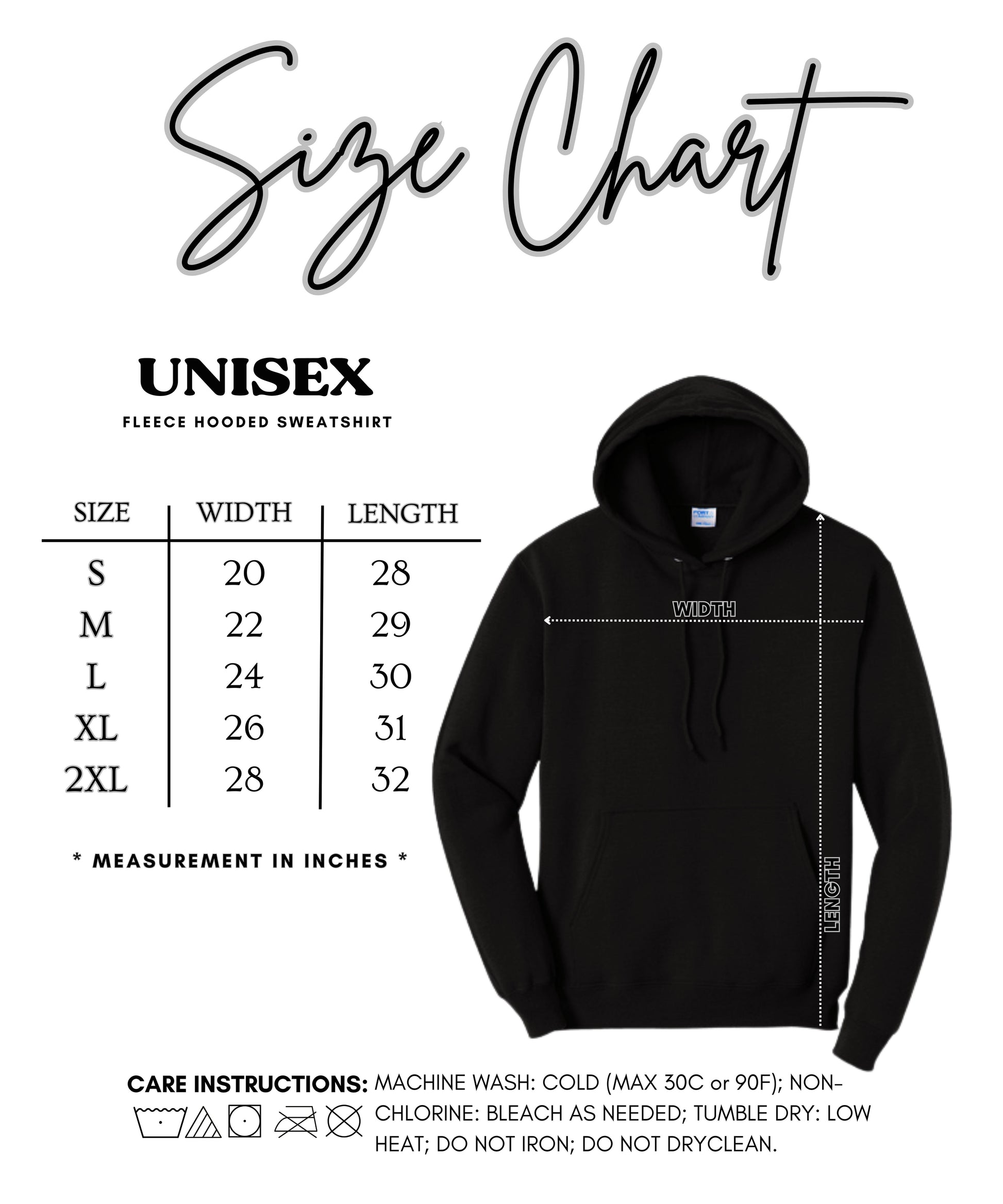 Adult hoodie size guide chart with chest and body length measurements for sizes Small through X-Large