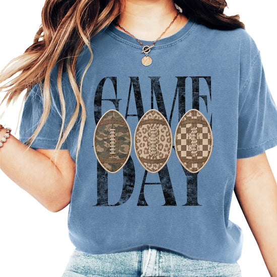 Game Day football shirt for women in Blue Jean, front view, Comfort Colors 1717 garment-dyed heavyweight cotton tee by Olive Loves Apple