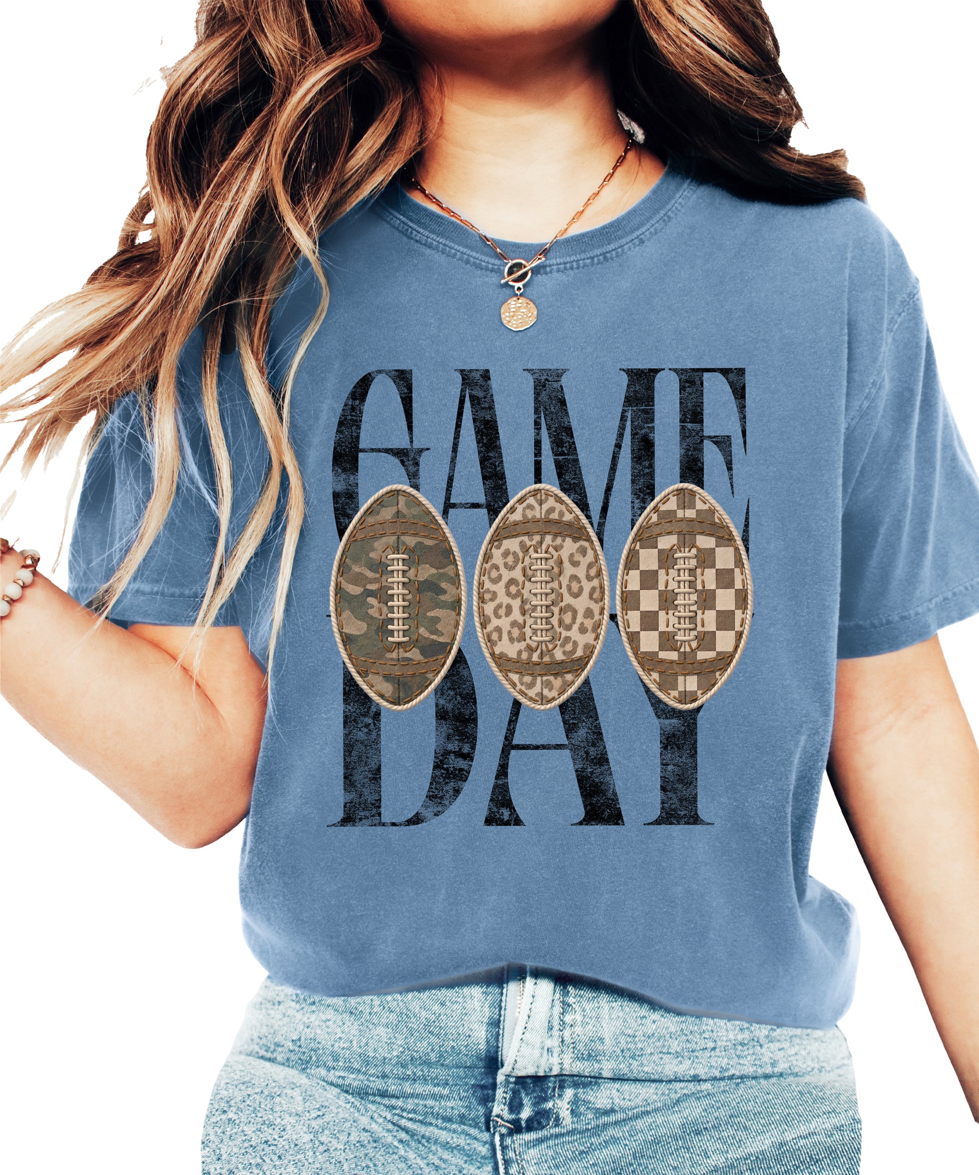 Game Day football shirt for women in Blue Jean, front view, Comfort Colors 1717 garment-dyed heavyweight cotton tee by Olive Loves Apple